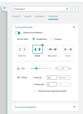 Carousel ad specs on the Zoom Engage platform, including the Content, Layout, Behavior and Controls. Various shapes and sizes of Carousel Arrows.