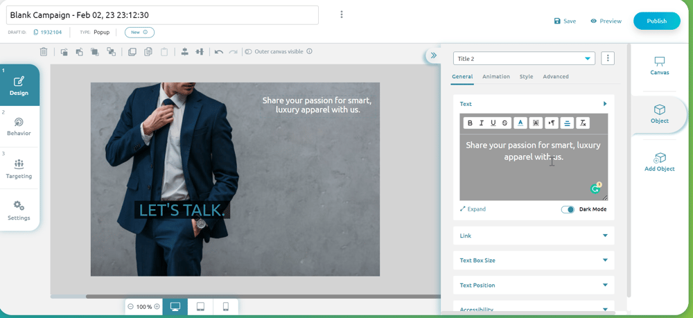 Zoom Engage interface with a man in a blue suit across a canvas, with words saying  "LET'S TALK" and "Share your passion for smart, luxury apparel with us" across the canvas, as well as in the Zoom Engage interface.