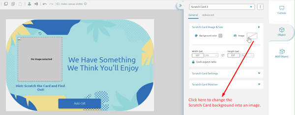 A popup with a menu to the right, and an Image item, with an arrow pointing to the "Clich here to change the Scratch Card background into an image" text.
