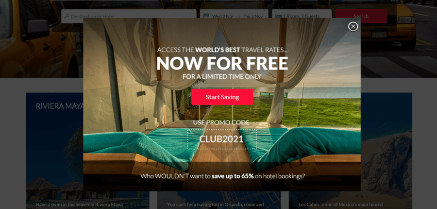 Exit-intent popup containing up to 65% discount codes for a travel website. A canopy is laid on a grassy chore with a view of the sea.