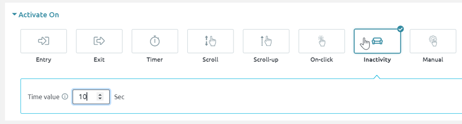 Trigger marketing example from the Zoom Engage platform, showing campaign activation on entry, exit, timer, scroll, scroll up, on-click, inactivity, and manual, respectively. 