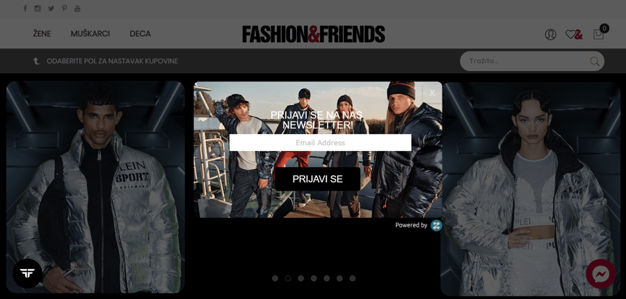 An exit-intent popup offering a newsletter subscription on a fashion and apparel website. Young, beautiful men and women are looking at the user, wearing winter jackets and hats.