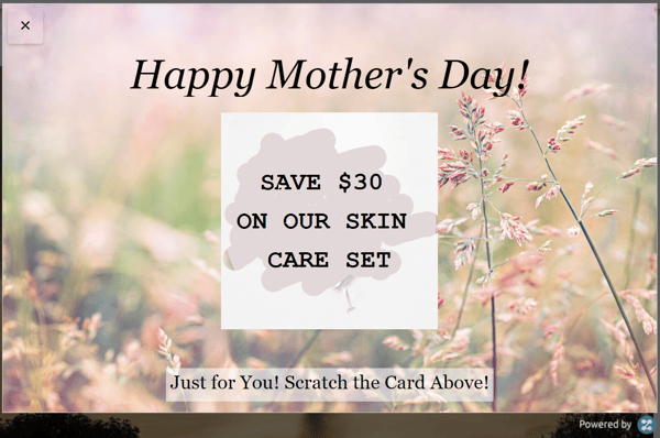 Popup shows a 30% discount for a skin care set. The text above says "Happy Mother's day."