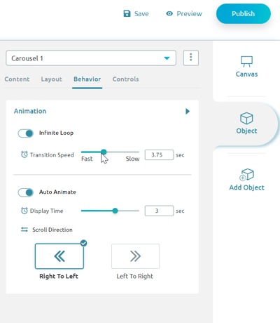 The image shows a menu in a carousel-building platform. The menu allows users to adjust the sliding speed and opt for manual or automatic animation. 