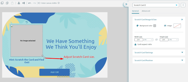 Popup with the "No image selected" Scratch Card and an arrow pointing to the text saying "Adjust Scratch Card size."