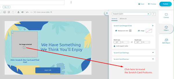 A popup with an arrow pointing from “No image selected” to "Reveal the Scratch Card features."